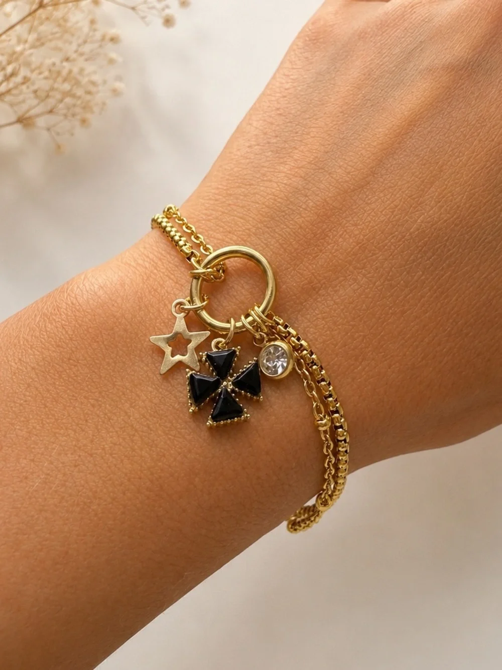 Gold Bracelet with Black  Black Clover Charm - Women Jewelry